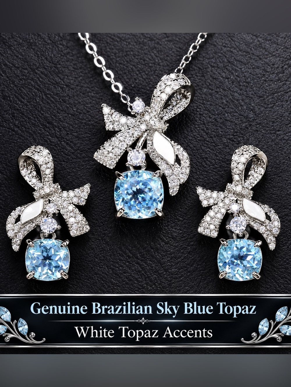 Sky Blue Topaz white Pendant and Earrings SET ‼️ Cushion